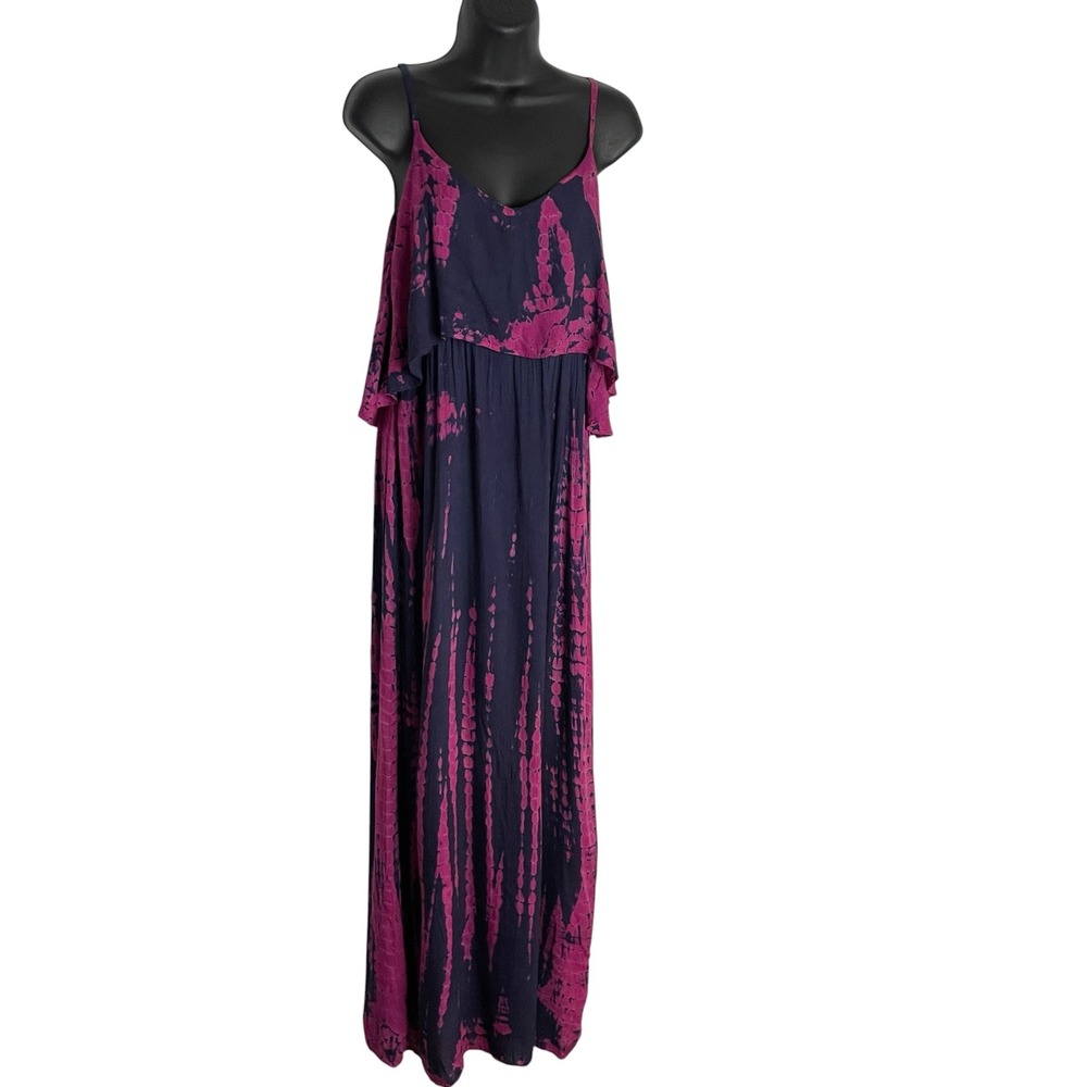 Japna Womens Tie Dye Maxi Dress Size M Purple Blue Boho Ruffle Overlay Festival